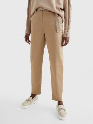 Beige Tommy Hilfiger Belted Waist Tapered Leg Chinos Women's Pants | TH982LSM