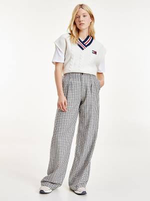 Beige Tommy Hilfiger Check Relaxed Fit Wide Leg Women's Pants | TH361ZBW