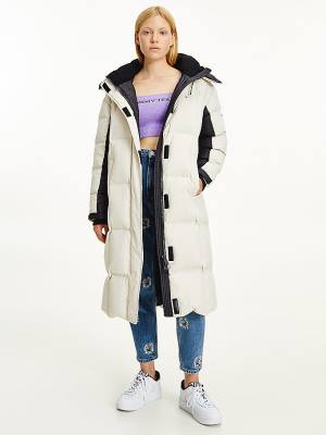 Beige Tommy Hilfiger Contrast Panel Long Down Coat Women's Jackets | TH726THI