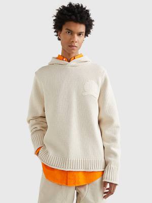 Beige Tommy Hilfiger Crest Organic Cotton Knitted Men's Sweaters | TH037MLA