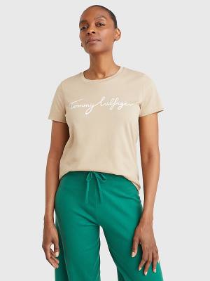 Beige Tommy Hilfiger Crew Neck Graphic Signature Logo Women's T Shirts | TH385CJS