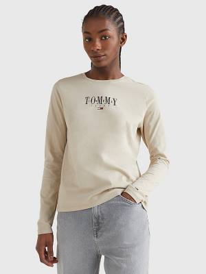 Beige Tommy Hilfiger Essential Logo Long Sleeve Women's T Shirts | TH845ZXR