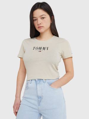 Beige Tommy Hilfiger Essential Logo Skinny Fit Women's T Shirts | TH598EXB