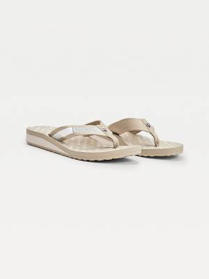 Beige Tommy Hilfiger Flag Plaque Mid-Wedge Flip-Flop Women's Sandals | TH857OEC