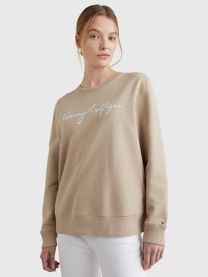 Beige Tommy Hilfiger Graphic Crew Neck Women's Sweatshirts | TH128HWN