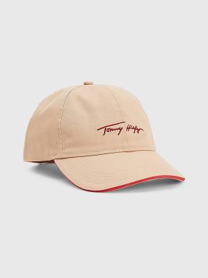 Beige Tommy Hilfiger Iconic Signature Logo Cap Women's Hats | TH384EMB