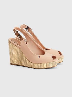 Beige Tommy Hilfiger Iconic Slingback Espadrille High Heel Wedges Women's Sandals | TH751VWI