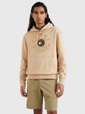 Beige Tommy Hilfiger Icons Logo Embroidery Men's Hoodie | TH835JDX