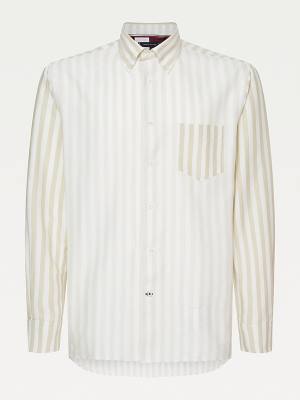 Beige Tommy Hilfiger Icons Stripe Relaxed Fit Cotton Men's Shirts | TH578KEH