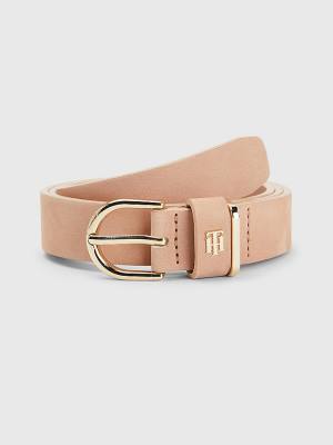 Beige Tommy Hilfiger Interlock Plaque Leather Women's Belts | TH951UFN