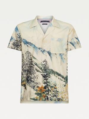 Beige Tommy Hilfiger Landscape Print Regular Short Sleeve Men's Shirts | TH267EXU