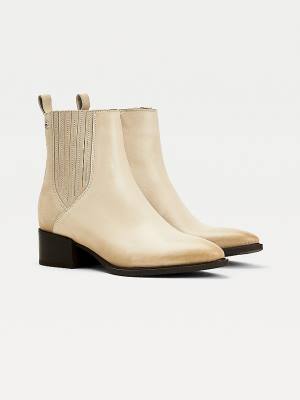 Beige Tommy Hilfiger Leather And Suede Zip-Up Ankle Women's Boots | TH603XNE