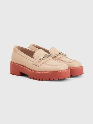 Beige Tommy Hilfiger Leather Chain Chunky Women's Loafers | TH845AJQ