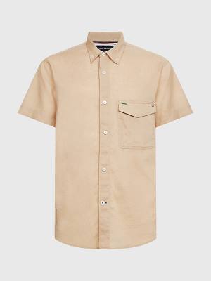 Beige Tommy Hilfiger Linen Blend Short Sleeve Men's Shirts | TH601NFC