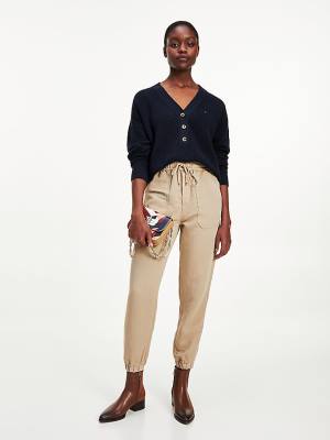 Beige Tommy Hilfiger Linen Cotton Tapered Pull-On Women's Pants | TH185TJC