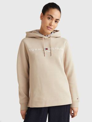 Beige Tommy Hilfiger Logo Drawstring Regular Fit Women's Hoodie | TH071DZV