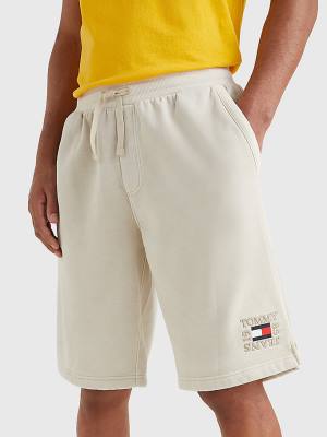 Beige Tommy Hilfiger Logo Embroidery Fleece Basketball Men's Shorts | TH517CPO