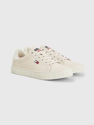 Beige Tommy Hilfiger Logo Leather Cupsole Women's Sneakers | TH194QFD