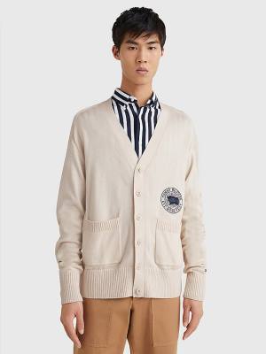 Beige Tommy Hilfiger Motion Flag Cardigan Men's Sweaters | TH839DQN