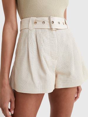 Beige Tommy Hilfiger Perforated Leather Utility Women's Shorts | TH619YUV