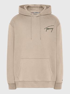 Beige Tommy Hilfiger Plus Signature Logo Relaxed Fit Men's Hoodie | TH345LBC