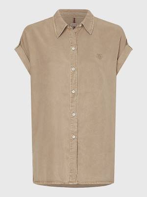 Beige Tommy Hilfiger Relaxed Fit Short Sleeve Women's Shirts | TH362BQF