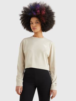 Beige Tommy Hilfiger Relaxed Logo Tape Long Sleeve Women's T Shirts | TH720UKG