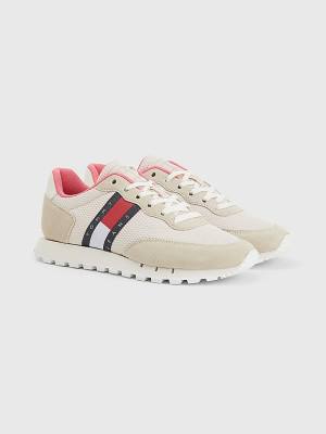 Beige Tommy Hilfiger Retro Mixed Texture Runner Women's Sneakers | TH457OCL