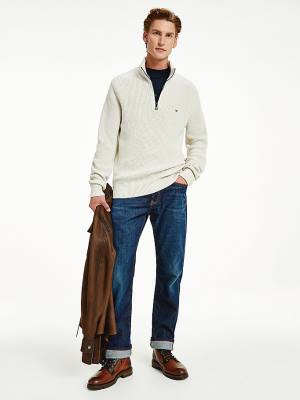 Beige Tommy Hilfiger Ribbed Half-Zip Relaxed Fit Jumper Men's Sweaters | TH629CSV