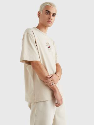 Beige Tommy Hilfiger Skate Fit Logo Men's T Shirts | TH485IXD