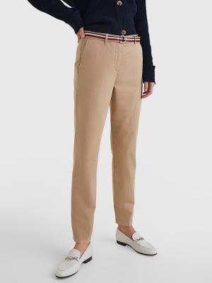 Beige Tommy Hilfiger Slim Signature Belt Chinos Women's Pants | TH196OCX