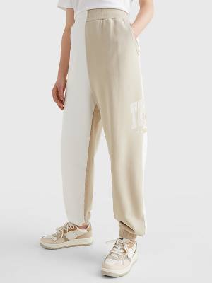 Beige Tommy Hilfiger Spliced Collegiate Relaxed Joggers Women's Pants | TH623KVW