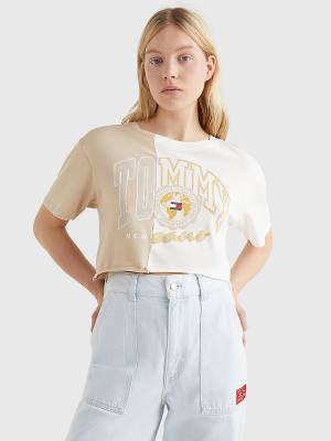 Beige Tommy Hilfiger Spliced Logo Cropped Women's T Shirts | TH871XGT