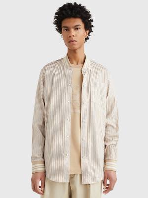 Beige Tommy Hilfiger Stripe Baseball Collar Cotton Men's Shirts | TH531KNH