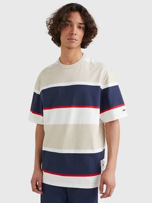 Beige Tommy Hilfiger Stripe Organic Cotton Men's T Shirts | TH613XQO