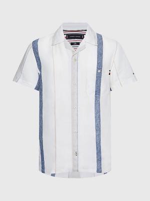 Beige Tommy Hilfiger Stripe Short Sleeve Linen Men's Shirts | TH602WOQ