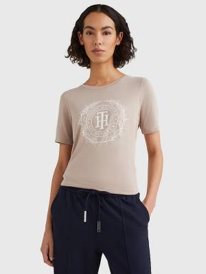 Beige Tommy Hilfiger Sueded Crest Women's T Shirts | TH231WZI