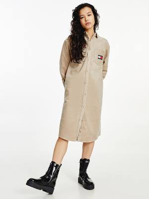 Beige Tommy Hilfiger Tommy Badge Corduroy Shirt Women's Dress | TH012IXW