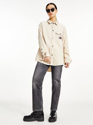 Beige Tommy Hilfiger Tommy Badge Corduroy Oversized Fit Overshirt Women's Shirts | TH148UTF