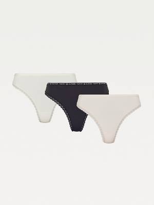 Black Tommy Hilfiger 3-Pack Floral Lace Trim Thongs Women's Underwear | TH351HAP