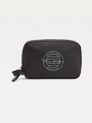 Black Tommy Hilfiger All-Over Monogram Washbag Men's Bags | TH375IFT