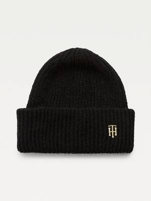 Black Tommy Hilfiger Alpaca Wool Blend Rib-Knit Beanie Women's Hats | TH069QVB