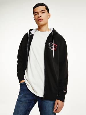 Black Tommy Hilfiger Back Logo Zip-Thru Men's Sweatshirts | TH697GMV