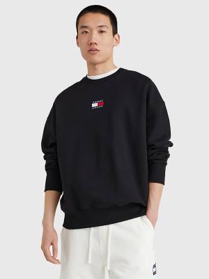 Black Tommy Hilfiger Badge Crew Neck Men's Sweatshirts | TH875OFV