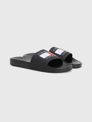 Black Tommy Hilfiger Badge Pool Slides Men's Sandals | TH017HLO