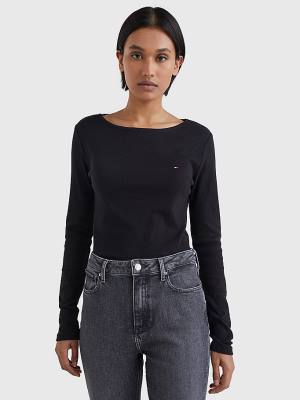 Black Tommy Hilfiger Boat Neck Long Sleeve Skinny Women's T Shirts | TH206KPH