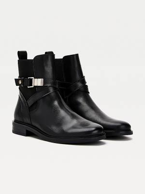 Black Tommy Hilfiger Buckled Leather Ankle Women's Boots | TH549FMJ