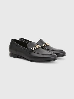 Black Tommy Hilfiger Chain Leather Women's Loafers | TH042TGR