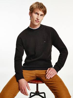 Black Tommy Hilfiger Chunky Knit Crew Neck Jumper Men's Sweaters | TH642EDI