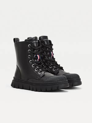 Black Tommy Hilfiger Cleat Lace-Up Logo Tape Booties Girls' Boots | TH123KFW